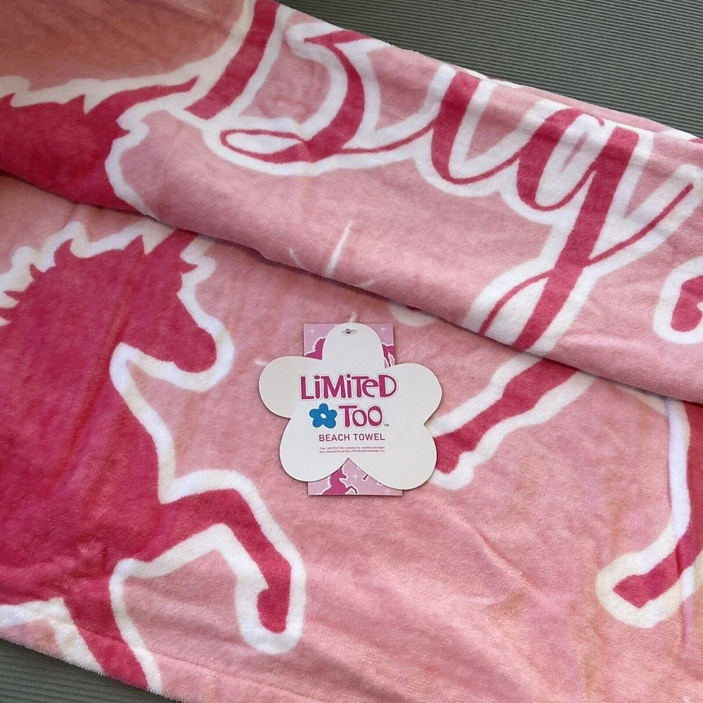 LIMITED TOO Pink Unicorn Beach Towel Girls Cotton Dream Big Graphic Text New